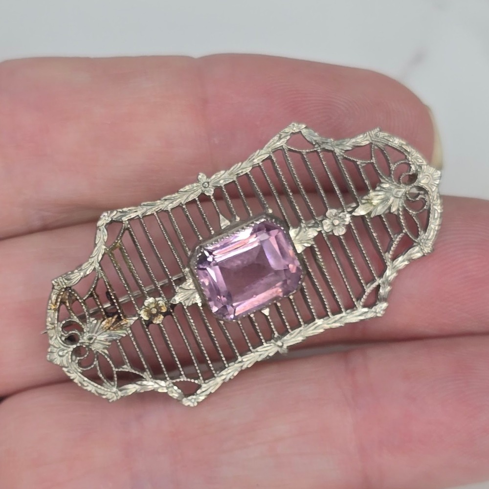 Antique Art Deco Sterling Silver Filigree Purple Crystal Bar Brooch CKB Pin 5.5g